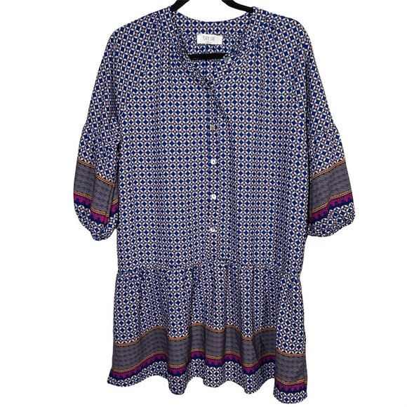 Peach Love California Boho Blue Mini Dress Puff Sleeve Border Print Small - Picture 1 of 12